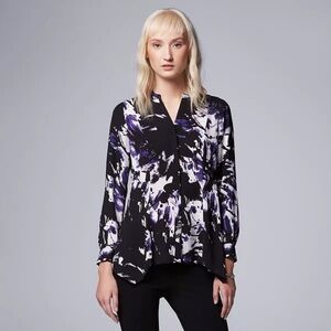 Simply Vera Wang Petite Medium Floral Handkerchief-Hem Blouse Top Long Sleeve